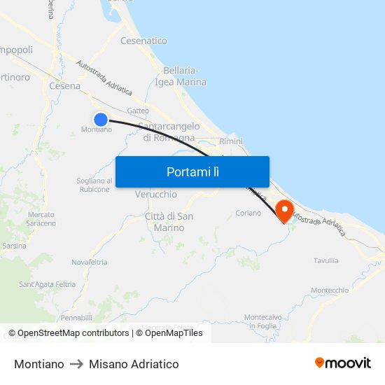 Montiano to Misano Adriatico map