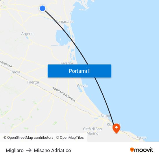 Migliaro to Misano Adriatico map