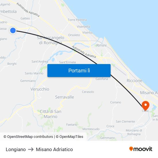 Longiano to Misano Adriatico map