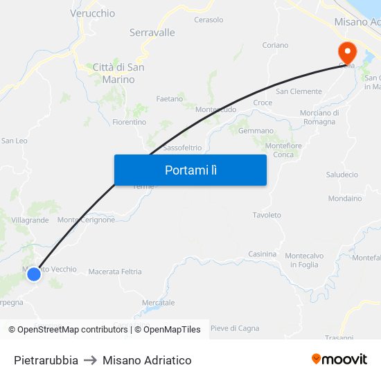 Pietrarubbia to Misano Adriatico map