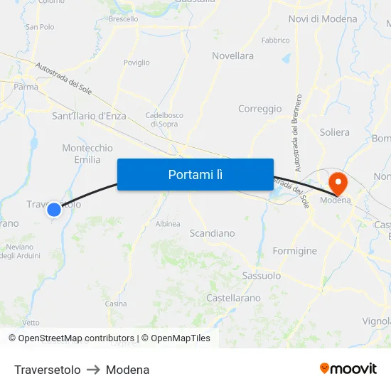 Traversetolo to Modena map
