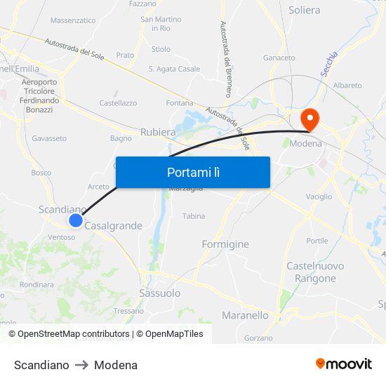 Scandiano to Modena map