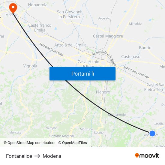 Fontanelice to Modena map