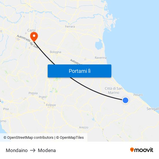 Mondaino to Modena map