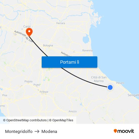 Montegridolfo to Modena map