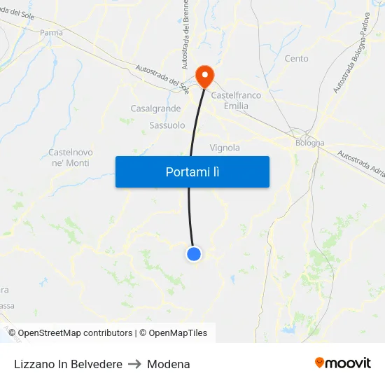 Lizzano In Belvedere to Modena map