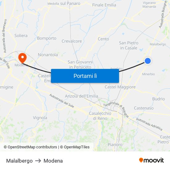 Malalbergo to Modena map