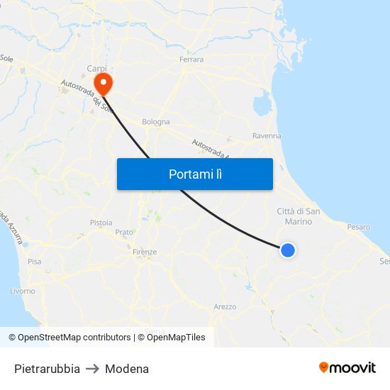 Pietrarubbia to Modena map