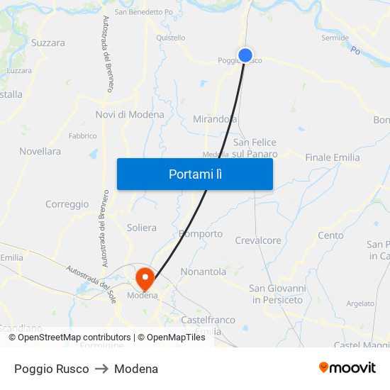 Poggio Rusco to Modena map