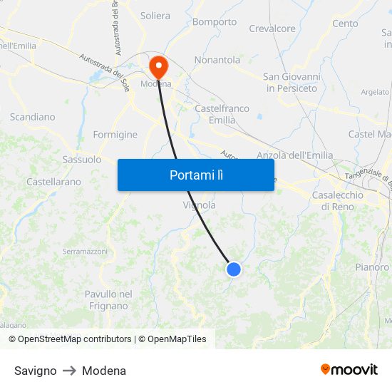 Savigno to Modena map