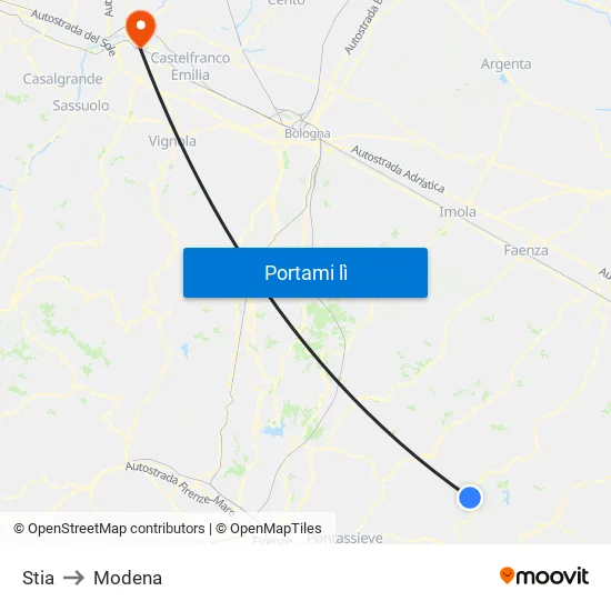 Stia to Modena map