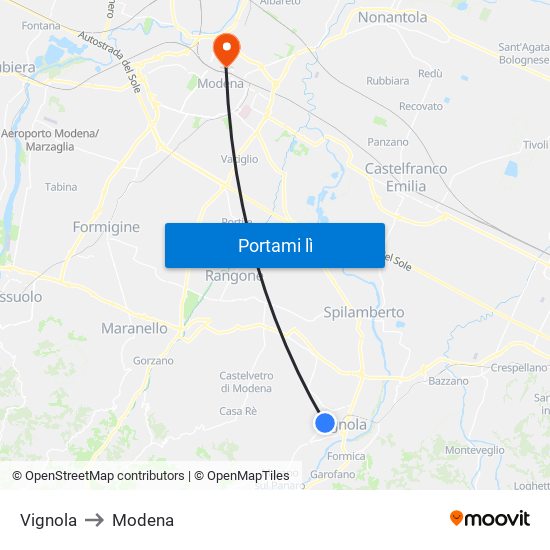 Vignola to Modena map