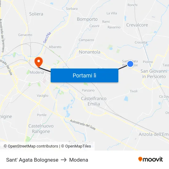 Sant' Agata Bolognese to Modena map