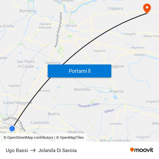 Ugo Bassi to Jolanda Di Savoia map