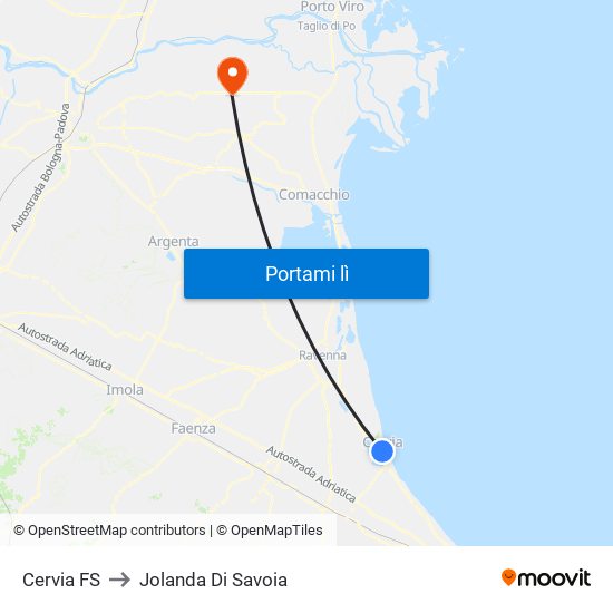 Cervia FS to Jolanda Di Savoia map