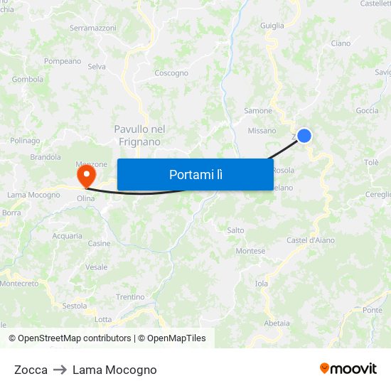 Zocca to Lama Mocogno map