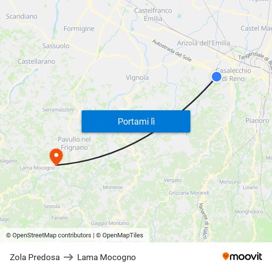 Zola Predosa to Lama Mocogno map