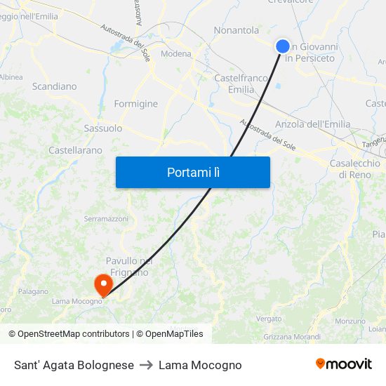 Sant' Agata Bolognese to Lama Mocogno map