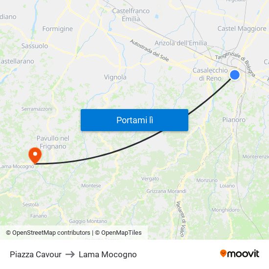 Piazza Cavour to Lama Mocogno map