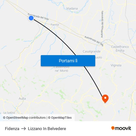 Fidenza to Lizzano In Belvedere map