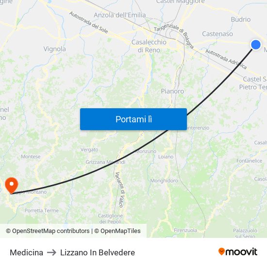 Medicina to Lizzano In Belvedere map