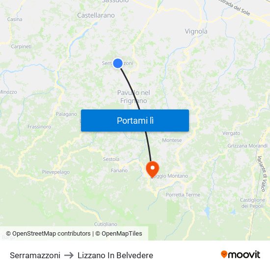 Serramazzoni to Lizzano In Belvedere map