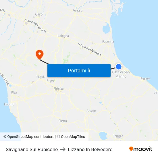 Savignano Sul Rubicone to Lizzano In Belvedere map