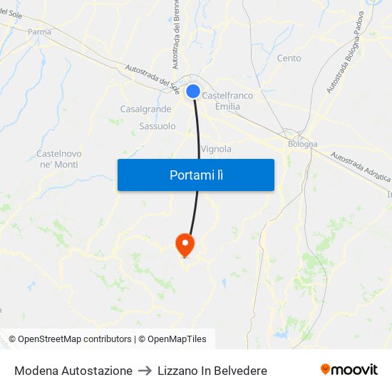 Modena  Autostazione to Lizzano In Belvedere map