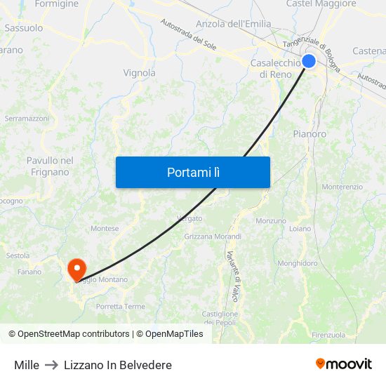 Mille to Lizzano In Belvedere map