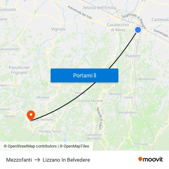 Mezzofanti to Lizzano In Belvedere map