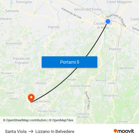 Santa Viola to Lizzano In Belvedere map