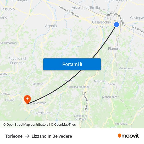 Torleone to Lizzano In Belvedere map