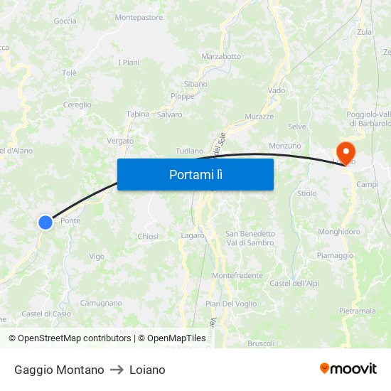 Gaggio Montano to Loiano map