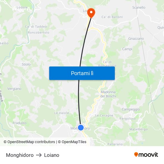 Monghidoro to Loiano map