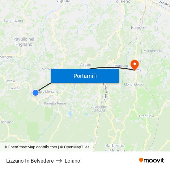 Lizzano In Belvedere to Loiano map