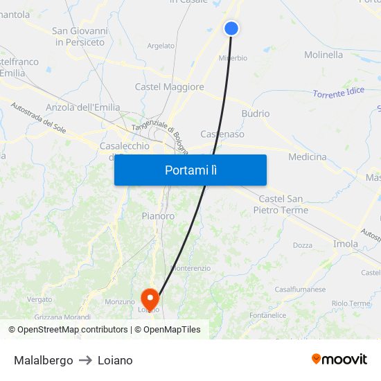 Malalbergo to Loiano map
