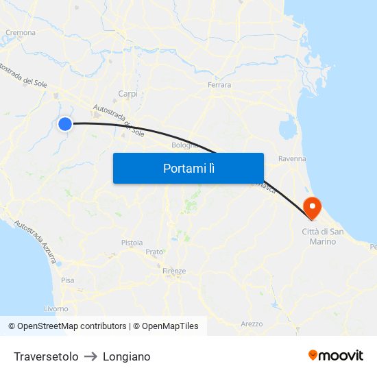 Traversetolo to Longiano map