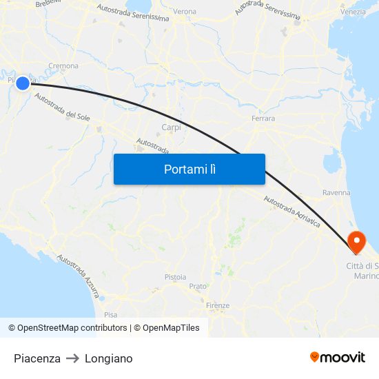 Piacenza to Longiano map