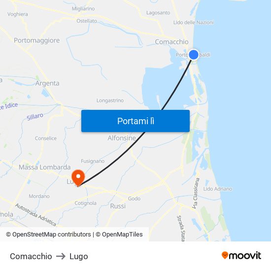 Comacchio to Lugo map