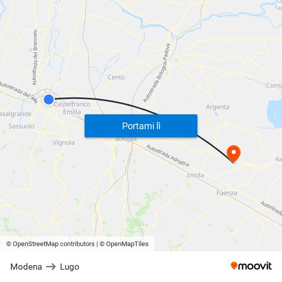 Modena to Lugo map