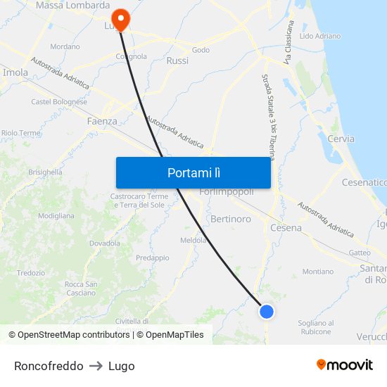 Roncofreddo to Lugo map