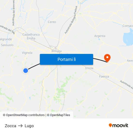 Zocca to Lugo map