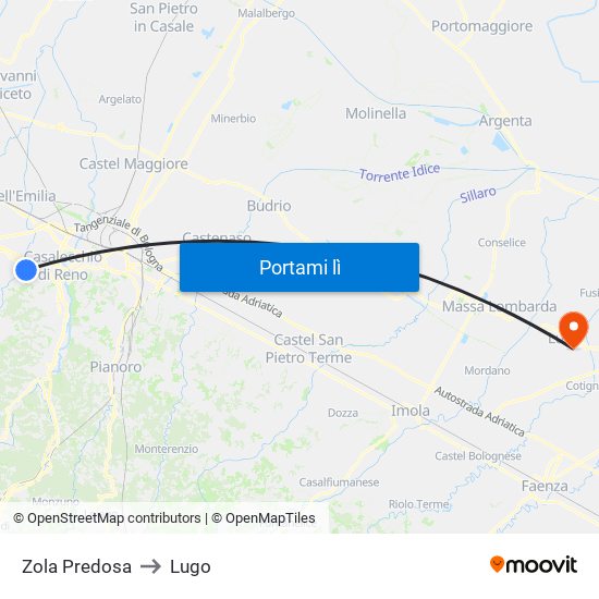 Zola Predosa to Lugo map