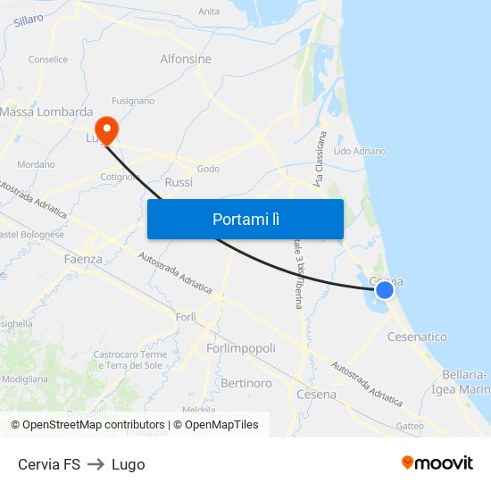 Cervia FS to Lugo map