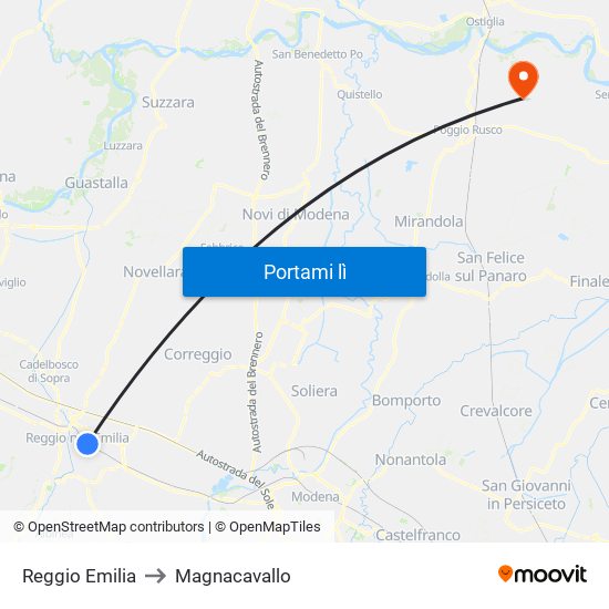 Reggio Emilia to Magnacavallo map