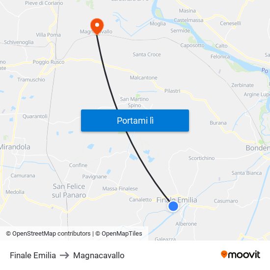 Finale Emilia to Magnacavallo map