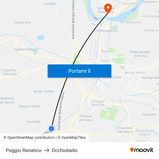 Poggio Renatico to Occhiobello map