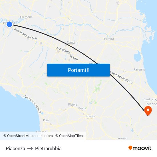 Piacenza to Pietrarubbia map