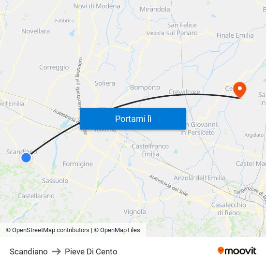 Scandiano to Pieve Di Cento map