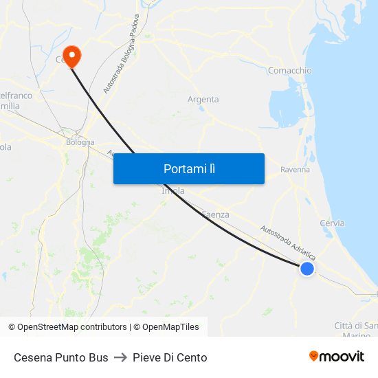 Cesena Punto Bus to Pieve Di Cento map